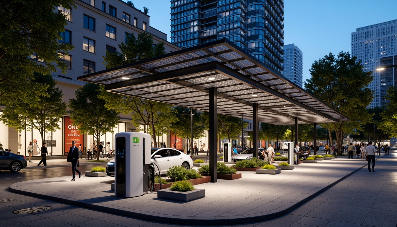 Prompt: Electric vehicle charging station, modern minimalist design, sleek metal canopies, solar panels, green roofs, eco-friendly materials, innovative cooling systems, shaded outdoor spaces, misting systems, vibrant colorful accents, intricate geometric patterns, urban cityscape, busy streets, pedestrian walkways, bike lanes, streetlights, nighttime ambiance, soft warm lighting, shallow depth of field, 3/4 composition, panoramic view, realistic textures, ambient occlusion.