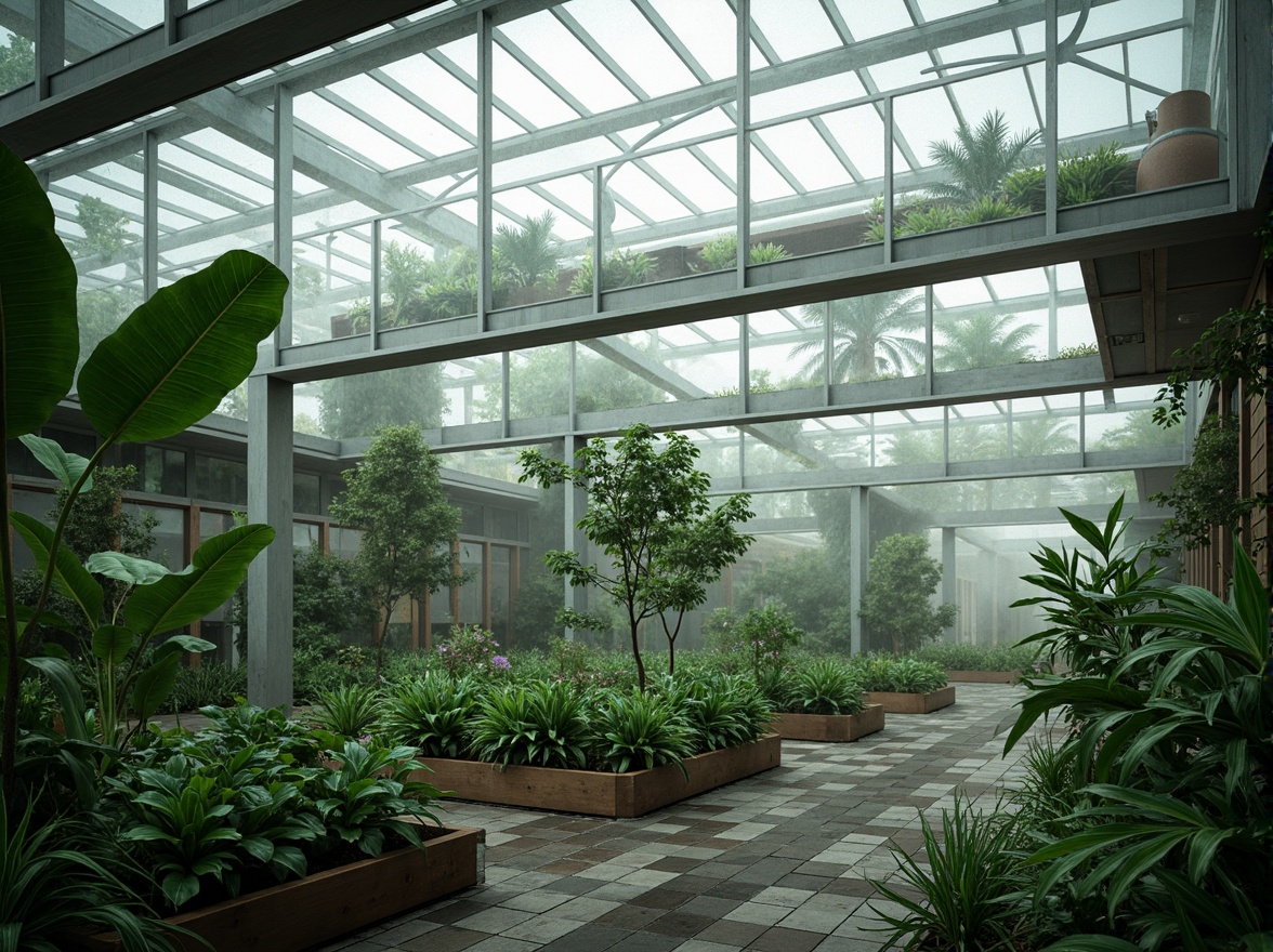 Prompt: Futuristic greenhouse, lush tropical plants, misty atmosphere, sustainable energy harvesting, solar panels, wind turbines, rainwater collection systems, green roofs, living walls, eco-friendly materials, recycled glass facades, angular metal frames, minimalist interior design, natural ventilation systems, automated climate control, LED grow lights, hydroponic farming, vertical gardening, futuristic laboratory equipment, 3D-printed planters, soft diffused lighting, shallow depth of field, panoramic view, realistic textures, ambient occlusion.