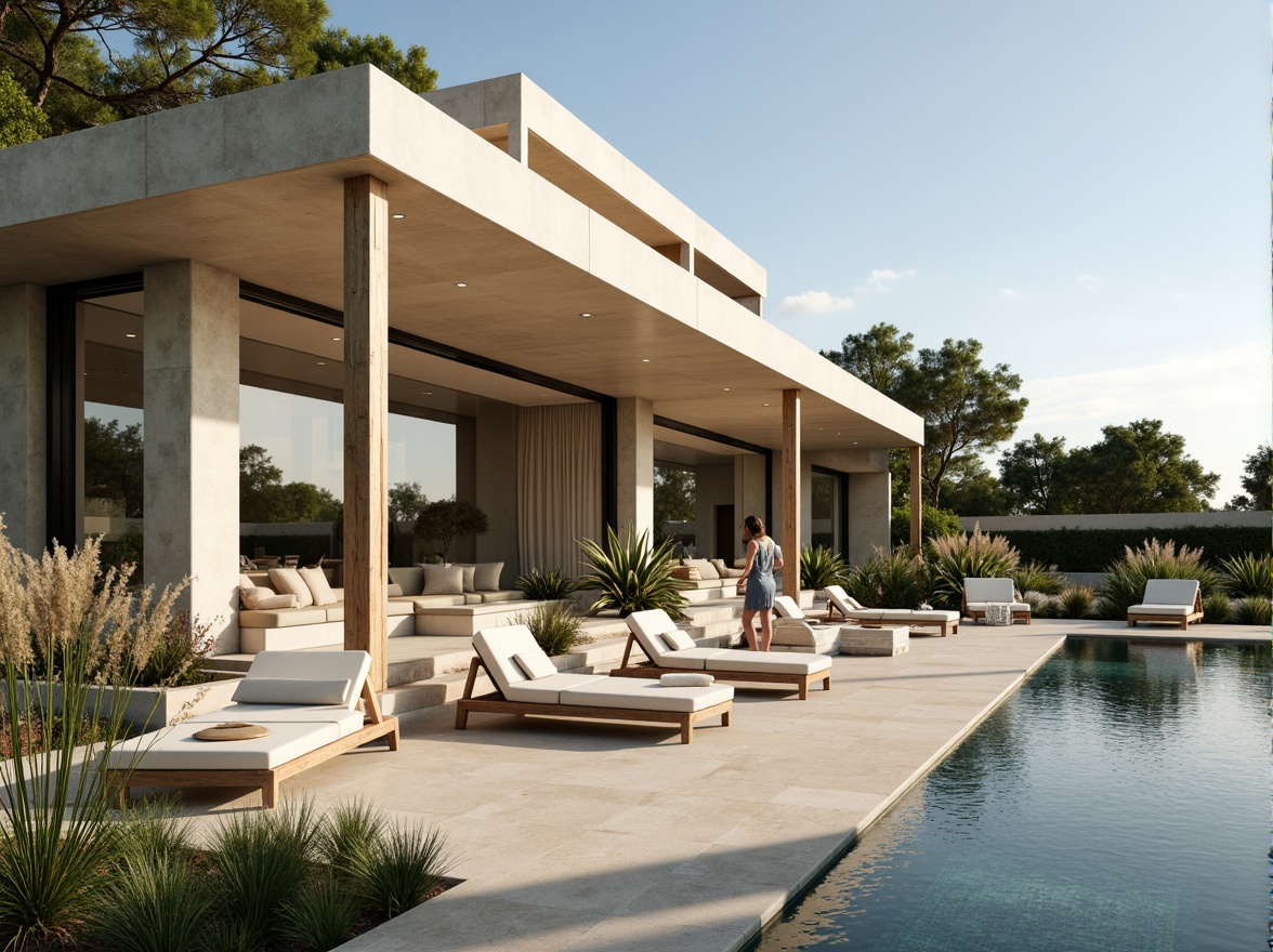 Prompt: Luxurious villa, modernist architecture, clean lines, minimal ornamentation, large windows, sliding glass doors, open-plan living spaces, high ceilings, polished concrete floors, warm beige walls, rich wood accents, sleek metal fixtures, subtle color palette, soft creamy whites, gentle grays, taupe undertones, earthy browns, muted blues, natural stone textures, lush greenery, serene outdoor spaces, sunny day, soft warm lighting, shallow depth of field, 3/4 composition, panoramic view, realistic textures, ambient occlusion.