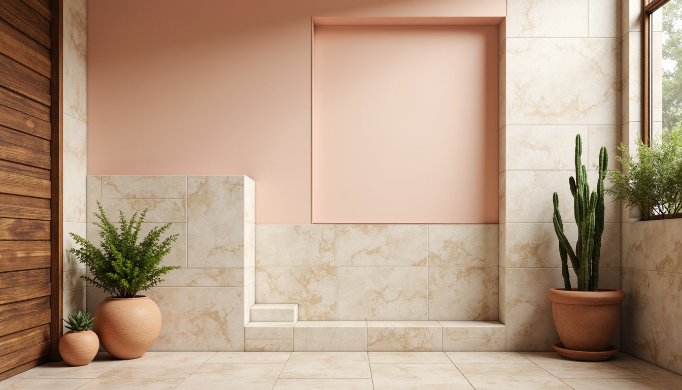 Prompt: Soft peach tones, creamy whites, warm beige accents, rich walnut wood, subtle gold metallic hints, delicate linen textures, natural stone backgrounds, earthy terracotta pots, lush green foliage, misty morning light, shallow depth of field, 1/2 composition, realistic renderings, ambient occlusion.