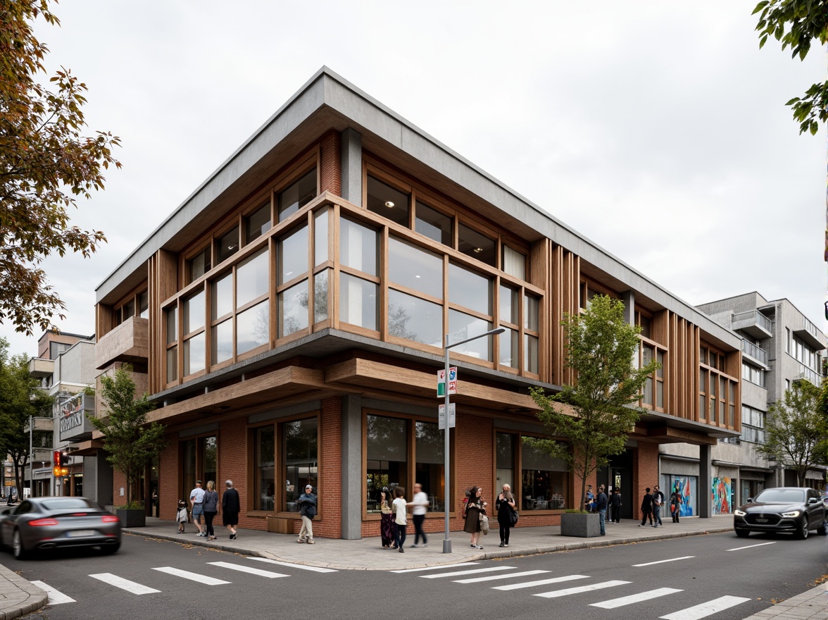 Prompt: Rustic community center, Bauhaus-inspired facade, rectangular forms, clean lines, industrial materials, exposed brick walls, steel beams, large windows, minimalist ornamentation, functional simplicity, earthy color palette, natural textures, communal outdoor spaces, vibrant street art, urban landscape, cloudy day, soft diffused lighting, shallow depth of field, 2/3 composition, realistic rendering.