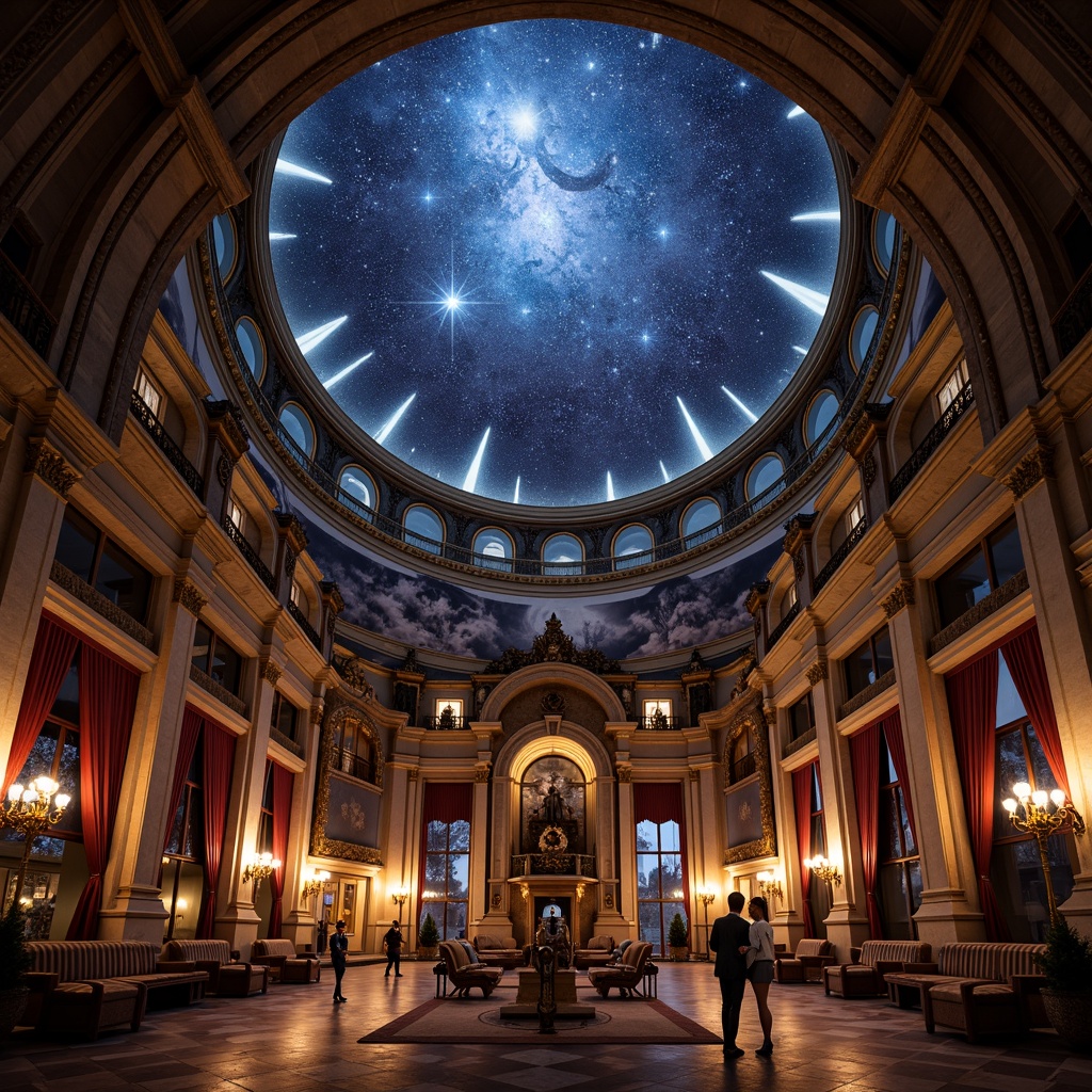 Prompt: Celestial dome structure, starry night sky, twinkling lights, romantic ambiance, soft warm glow, grandiose architecture, ornate details, Baroque-inspired design, sweeping curves, majestic proportions, luxurious materials, velvet drapes, golden accents, intricate frescoes, astronomical instruments, antique telescopes, mysterious shadows, dramatic lighting, 1/1 composition, shallow depth of field, cinematic atmosphere.