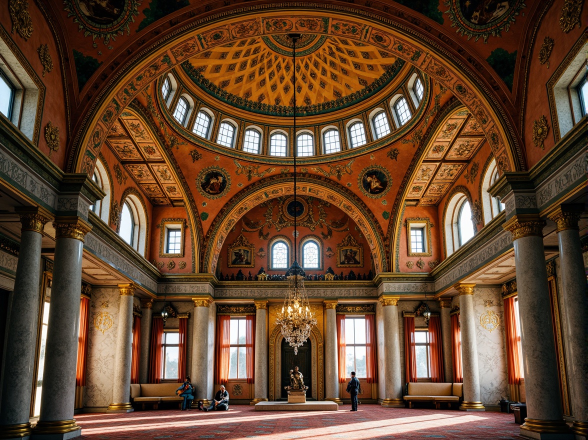 Prompt: Richly ornate Byzantine architecture, warm golden domes, intricate mosaics, vibrant turquoise accents, rich crimson reds, deep blues, luxurious emerald greens, ornate marble columns, gilded details, lavish frescoes, ornate patterns, mystical ambiance, soft warm lighting, shallow depth of field, 1/1 composition, realistic textures, ambient occlusion.