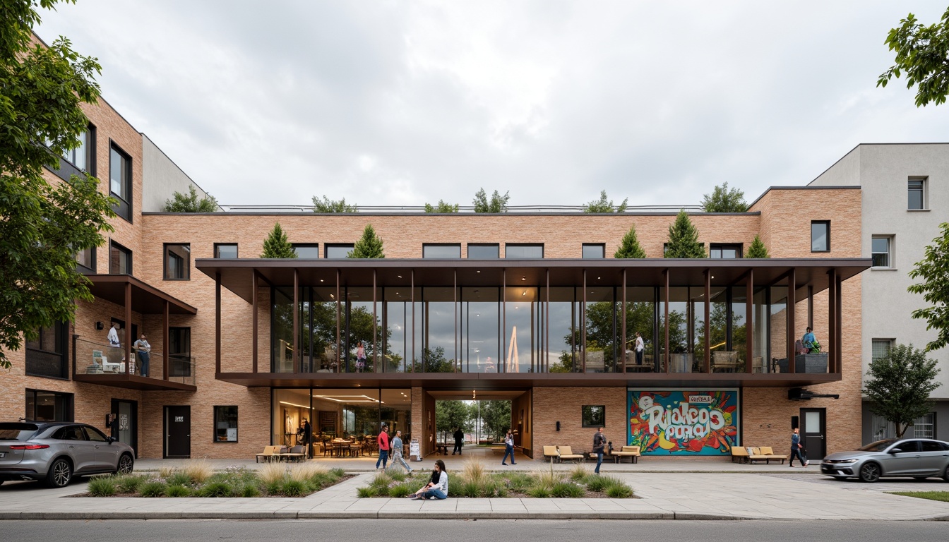 Prompt: Rustic community center, Bauhaus-inspired facade, rectangular forms, clean lines, industrial materials, exposed brick walls, steel beams, large windows, minimalist ornamentation, functional simplicity, earthy color palette, natural textures, communal outdoor spaces, vibrant street art, urban landscape, cloudy day, soft diffused lighting, shallow depth of field, 2/3 composition, realistic rendering.