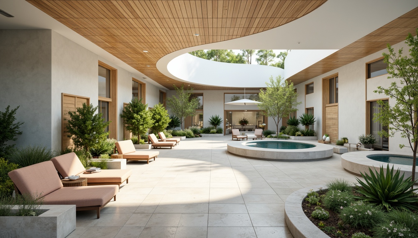 Prompt: Soothing healthcare facility, calming atmosphere, gentle curves, natural materials, earthy tones, muted greens, blues and whites, warm beige accents, soft pastel hues, comforting lighting, subtle texture overlays, organic shapes, serene botanical elements, peaceful water features, minimalist decor, airy open spaces, abundant natural light, shallow depth of field, 1/1 composition, realistic renderings, ambient occlusion.