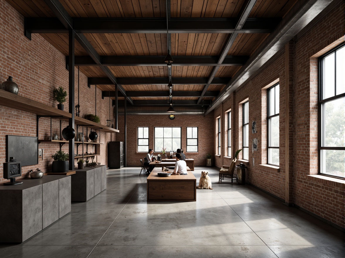 Prompt: Industrial factory setting, exposed brick walls, metal beams, concrete floors, minimalist decor, functional lighting, textured surfaces, distressed wood accents, rusty metal details, urban atmosphere, soft natural light, shallow depth of field, 1/1 composition, realistic materials, ambient occlusion.