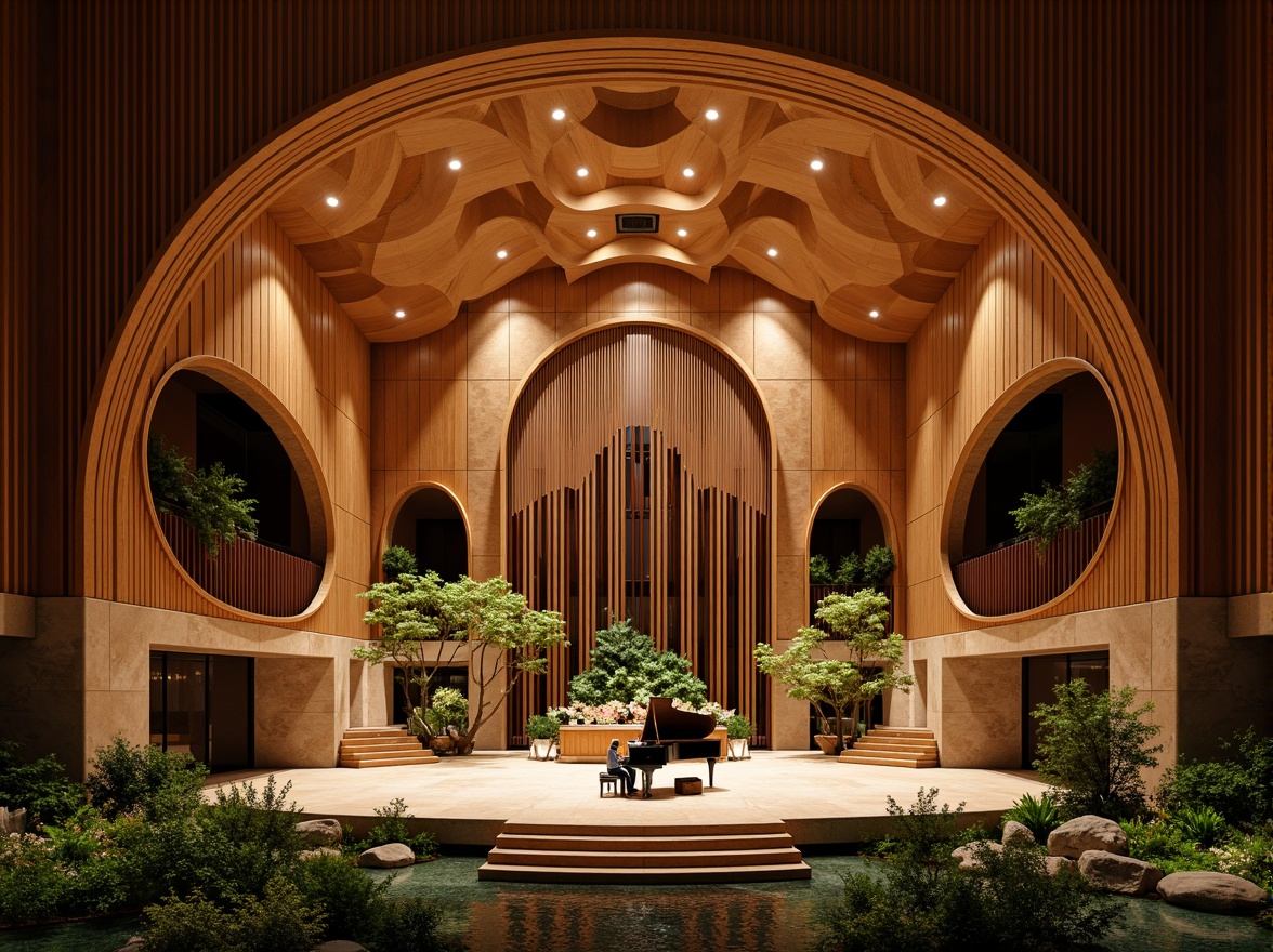 Prompt: Curved concert hall, undulating wooden panels, natural stone walls, flowing organic shapes, acoustic ceiling domes, grand piano centerpieces, intimate performance spaces, warm ambient lighting, rich wood tones, velvet curtains, ornate metalwork, botanical garden surroundings, lush greenery, serene water features, misty atmospheric effects, shallow depth of field, 1/1 composition, soft focus, realistic textures.