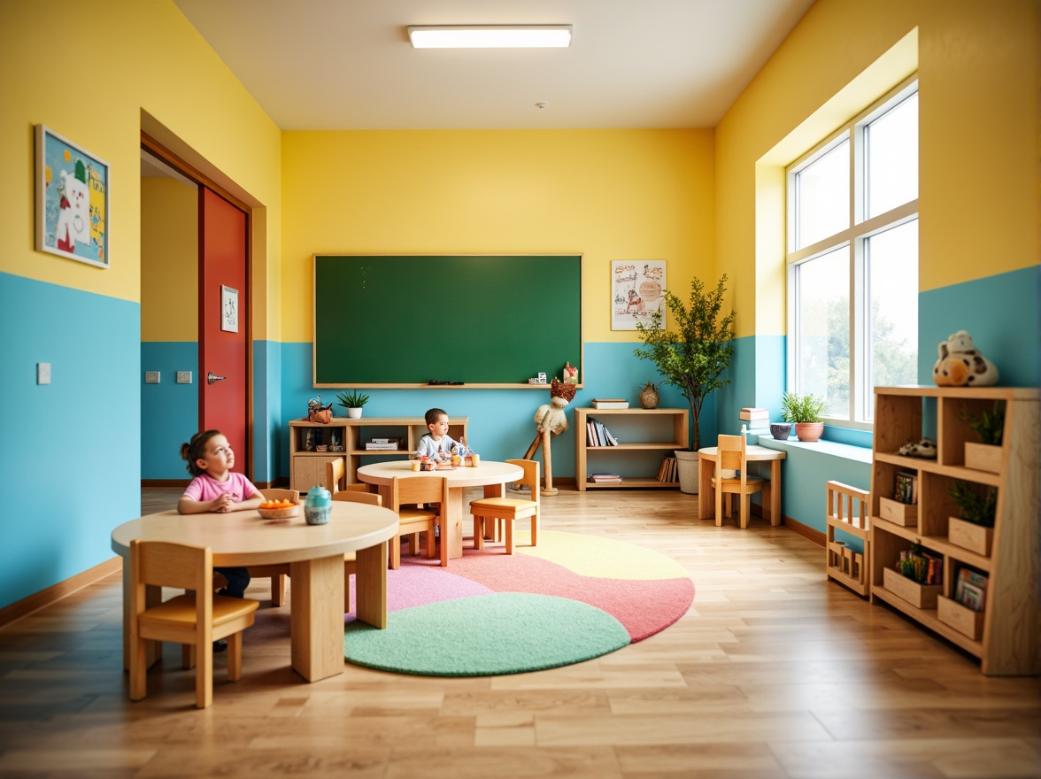 Prompt: Vibrant elementary school, playful kindergarten classroom, bright yellow walls, soft blue accents, green chalkboard, wooden desks, colorful rug, educational posters, natural light, warm beige floors, modern furniture, circular tables, collaborative learning spaces, cozy reading nooks, calming atmosphere, gentle lighting, shallow depth of field, 1/1 composition, realistic textures, ambient occlusion.