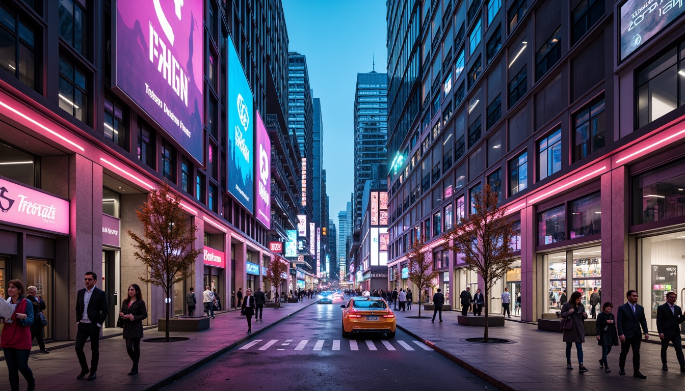 Prompt: Neon-lit cityscape, metallic skyscrapers, iridescent glass facades, holographic advertisements, cyberpunk alleys, neon-drenched streets, futuristic transportation hubs, levitating cars, hyper-modern skyscrapers, LED-infused buildings, electric blue accents, vibrant pink hues, luminescent whites, dark greys, sleek silvers, chrome finishes, geometric patterns, 3D-printed structures, augmented reality interfaces, virtual reality landscapes, panoramic city views, high-contrast lighting, cinematic depth of field, futuristic urban planning.