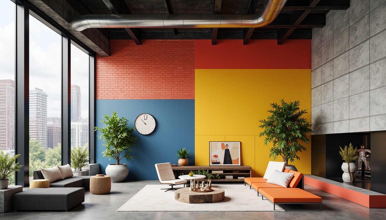 Prompt: Vibrant primary colors, bold geometric shapes, industrial materials, exposed brick walls, steel beams, minimalist decor, functional simplicity, rectangular forms, clean lines, monochromatic color schemes, abstract art pieces, avant-garde sculptures, natural light pouring in, large windows, open floor plans, urban cityscape views, cloudy skies, soft diffused lighting, shallow depth of field, 2/3 composition, realistic textures, ambient occlusion.