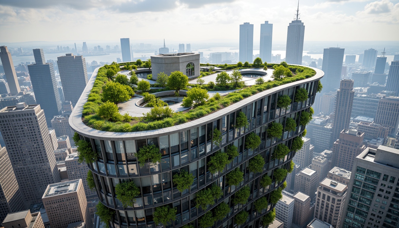 Prompt: Curved green roofs, lush vertical gardens, solar panels, wind turbines, rainwater harvesting systems, recycled metal cladding, low-carbon concrete structures, energy-efficient glazing, double-skin facades, natural ventilation systems, biomimetic patterns, parametric design, futuristic aesthetic, urban skyscraper, bustling cityscape, cloudy blue sky, warm soft lighting, shallow depth of field, 1/1 composition, realistic textures, ambient occlusion.