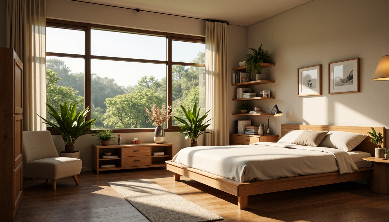 Prompt: Cozy dorm room, large windows, soft natural light, warm beige walls, comfortable bedding, wooden furniture, plants on shelves, calm atmosphere, morning sunlight, gentle shadows, 1/1 composition, shallow depth of field, realistic textures, ambient occlusion.