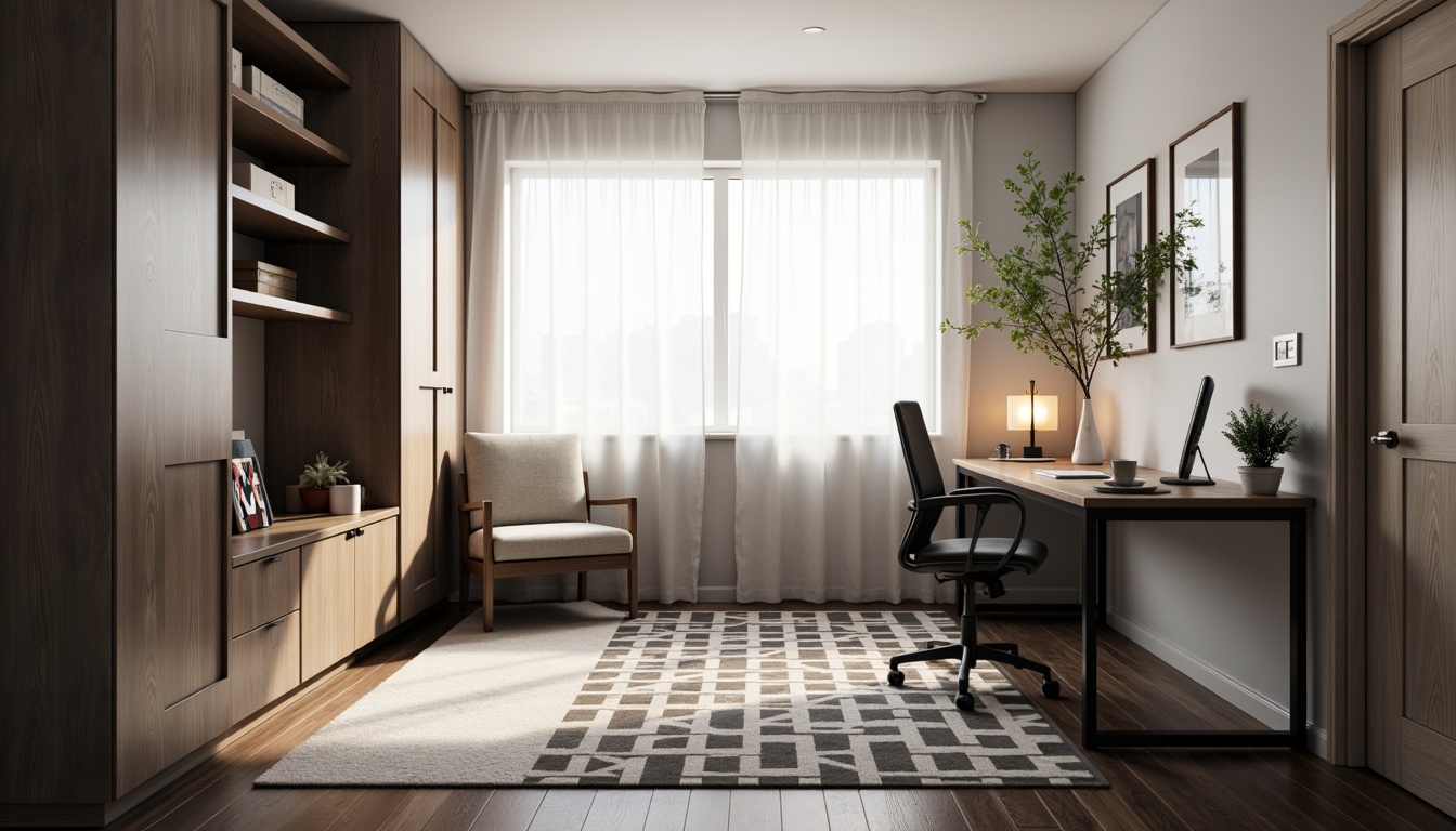 Prompt: Simple dorm room, minimal decor, monochromatic color scheme, sleek metal furniture, compact storage units, clutter-free space, natural light pouring in, sheer white curtains, wooden flooring, geometric-shaped rug, modern desk lamp, ergonomic chair, built-in shelves, industrial-chic accents, calm atmosphere, soft warm lighting, shallow depth of field, 1/1 composition, realistic textures, ambient occlusion.