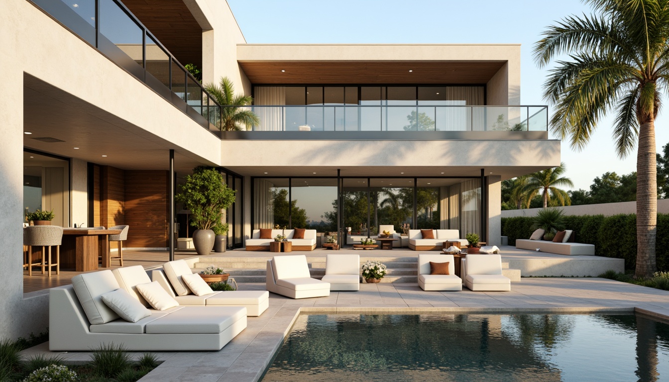 Prompt: Luxurious villa, modernist architecture, clean lines, minimal ornamentation, large windows, sliding glass doors, open-plan living spaces, high ceilings, polished concrete floors, warm beige walls, rich wood accents, sleek metal fixtures, subtle color palette, soft creamy whites, gentle grays, taupe undertones, earthy browns, muted blues, natural stone textures, lush greenery, serene outdoor spaces, sunny day, soft warm lighting, shallow depth of field, 3/4 composition, panoramic view, realistic textures, ambient occlusion.