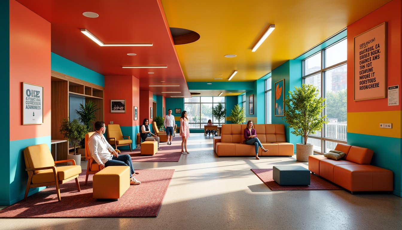 Prompt: Vibrant student hall, bold expressionist architecture, bright coral walls, turquoise accents, sunny yellow ceilings, rich wood tones, eclectic furniture, abstract art pieces, geometric patterns, dynamic lighting, warm cozy atmosphere, relaxed seating areas, modern amenities, collaborative workspaces, inspirational quotes, natural textiles, earthy tones, organic shapes, playful color blocking, 1/1 composition, soft focus, atmospheric perspective.