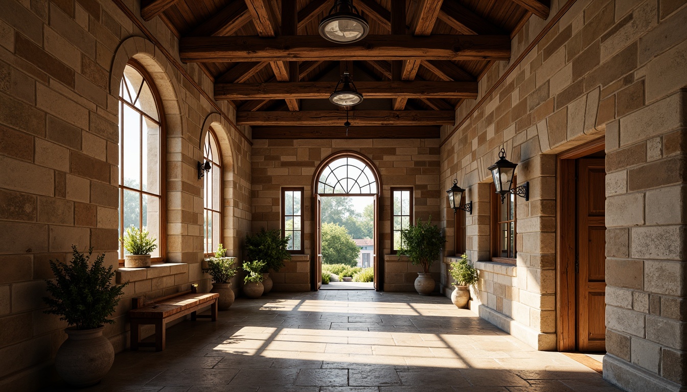 Prompt: Rustic stone walls, arched windows, ornate carvings, grand entrance halls, high ceilings, wooden beams, vintage lanterns, stained glass details, earthy color palette, natural light pouring in, warm afternoon ambiance, shallow depth of field, 1/1 composition, symmetrical framing, realistic textures, ambient occlusion.