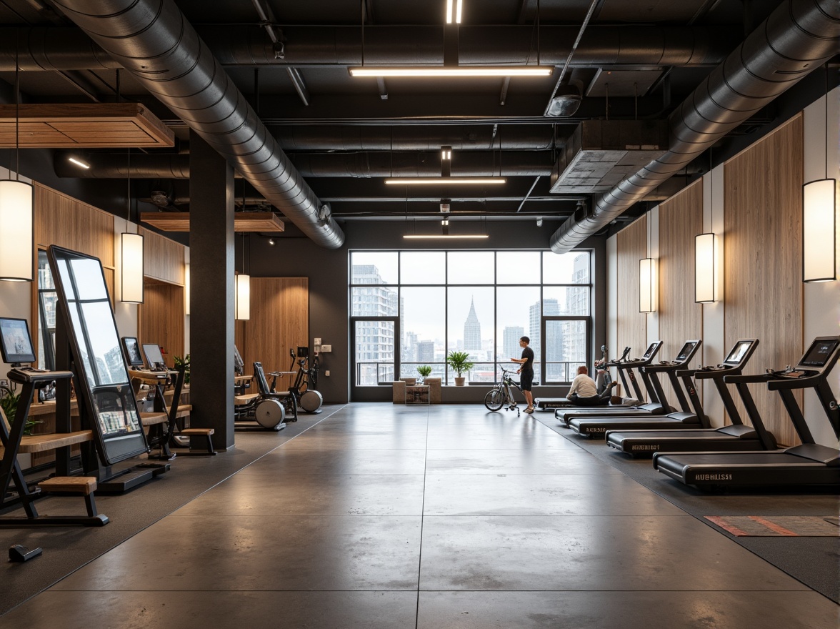 Prompt: Minimalist gymnasium interior, industrial chic aesthetic, polished concrete floors, exposed ductwork, sleek metal beams, modern LED lighting fixtures, suspended linear lamps, recessed ceiling lights, ambient indirect illumination, soft warm glow, high ceilings, large windows, natural daylight, urban cityscape views, athletic equipment, free weights, treadmills, exercise machines, mirrored walls, wooden accents, minimalist color palette, neutral tones, subtle textures, 1/1 composition, shallow depth of field, realistic reflections.