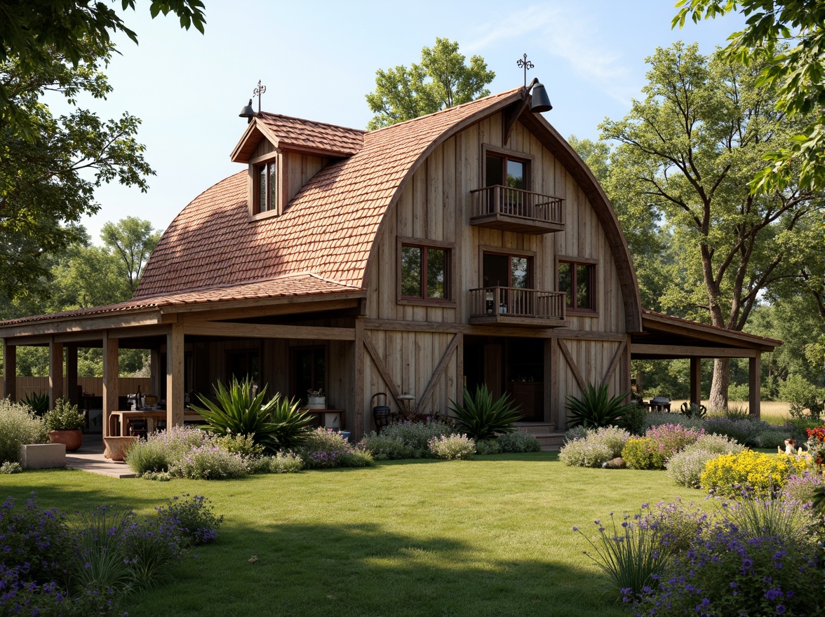 Prompt: Rustic barn, renaissance revival style, curved rooflines, terra cotta tiles, weathered wooden beams, ornate metal decorations, vintage farm tools, lush greenery, blooming wildflowers, sunny afternoon, soft warm lighting, shallow depth of field, 3/4 composition, panoramic view, realistic textures, ambient occlusion, distressed wood accents, earthy color palette, natural stone foundations, asymmetrical facade, decorative trusses, ornate roof finials.