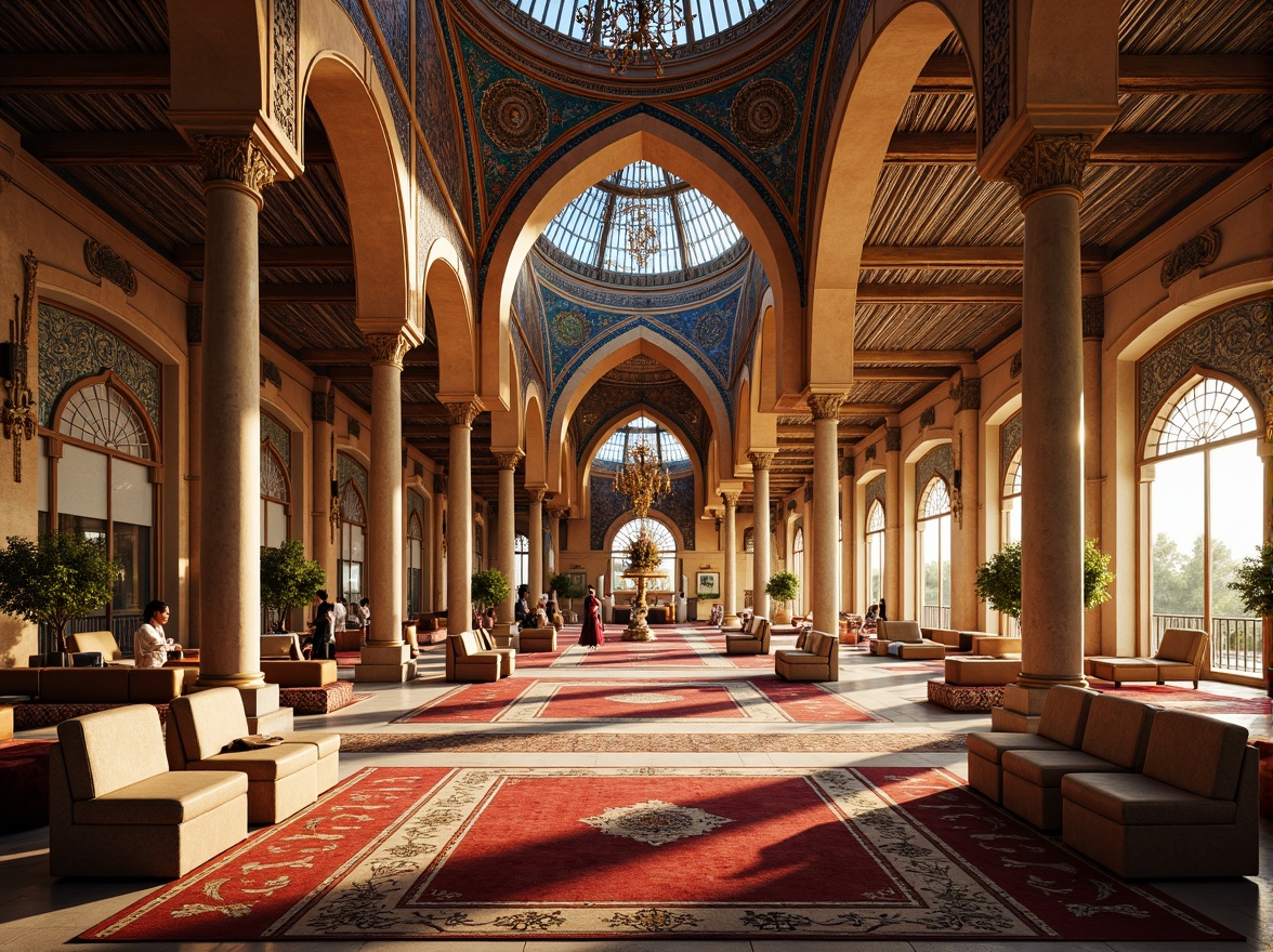 Prompt: Vibrant Islamic-inspired architecture, intricate geometric motifs, ornate tile work, symmetrical archways, grand domes, minarets, colorful mosaics, luxurious textiles, opulent furnishings, lavish decorations, majestic columns, grandiose chandeliers, warm golden lighting, shallow depth of field, 3/4 composition, panoramic view, realistic textures, ambient occlusion.