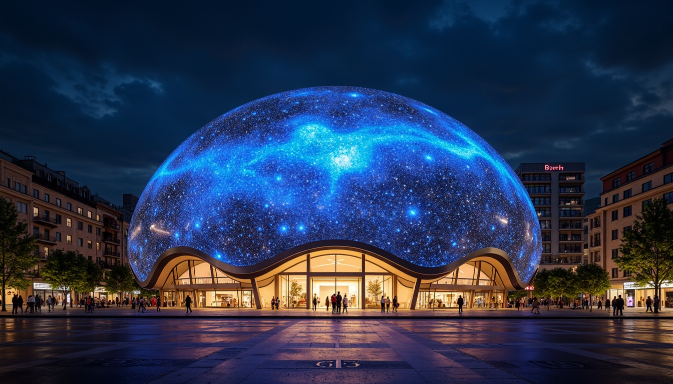 Prompt: Glowing planetarium dome, futuristic facade design, sleek metallic surfaces, neon-lit celestial patterns, starry night sky, modernist architecture, curved lines, geometric shapes, minimalist aesthetic, LED light installations, ambient lighting effects, shallow depth of field, 1/1 composition, panoramic view, realistic textures, ambient occlusion, urban cityscape, bustling streets, vibrant nightlife, cosmopolitan atmosphere.