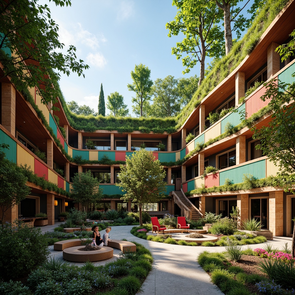 Prompt: Eco-friendly hotel, lush green roofs, living walls, recycled materials, energy-efficient systems, solar panels, wind turbines, rainwater harvesting, organic gardens, locally sourced furniture, natural textiles, reclaimed wood accents, vibrant colorful patterns, intricate geometric motifs, expressive architectural forms, dynamic curves, bold color schemes, dramatic lighting effects, warm cozy ambiance, inviting public spaces, panoramic views, shallow depth of field, 3/4 composition, realistic textures, ambient occlusion.