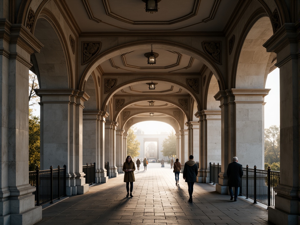 Prompt: Elegant pedestrian bridge, classical arches, ornate stone carvings, symmetrical composition, grand entrance, sweeping curves, refined metal railings, subtle lighting, misty morning atmosphere, soft warm glow, shallow depth of field, 1/1 composition, realistic textures, ambient occlusion.