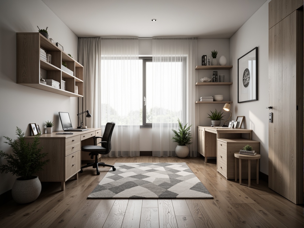 Prompt: Simple dorm room, minimal decor, monochromatic color scheme, sleek metal furniture, compact storage units, clutter-free space, natural light pouring in, sheer white curtains, wooden flooring, geometric-shaped rug, modern desk lamp, ergonomic chair, built-in shelves, industrial-chic accents, calm atmosphere, soft warm lighting, shallow depth of field, 1/1 composition, realistic textures, ambient occlusion.