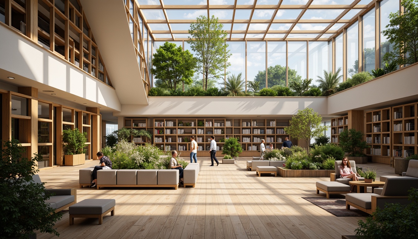 Prompt: Spacious library interior, abundant natural light, floor-to-ceiling windows, minimalist shelving, wooden floors, comfortable reading nooks, cozy study areas, soft warm lighting, indirect sunlight, clerestory windows, skylights, open atriums, green roofs, lush vegetation, serene atmosphere, modern architecture, sustainable design, eco-friendly materials, energy-efficient systems, calm color palette, subtle textures, shallow depth of field, 1/1 composition, realistic rendering.