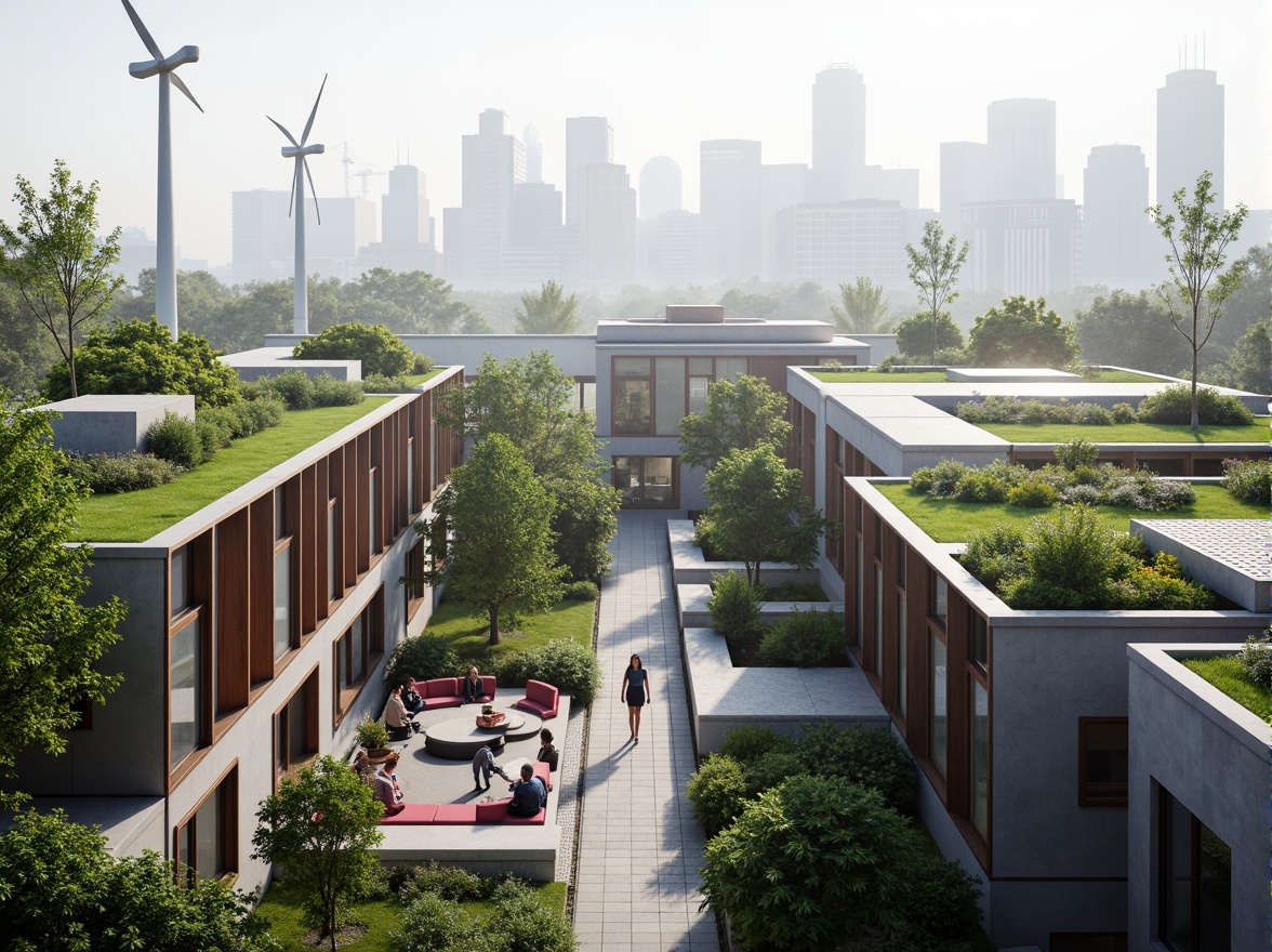 Prompt: Eco-friendly hostel, futuristic architecture, green roofs, solar panels, wind turbines, water conservation systems, recycled materials, minimalist design, angular lines, sleek metal fa\u00e7ades, LED lighting, vibrant colorful accents, geometric patterns, modular furniture, communal spaces, rooftop gardens, urban skyline views, misty morning atmosphere, soft natural light, shallow depth of field, 3/4 composition, panoramic view, realistic textures, ambient occlusion.