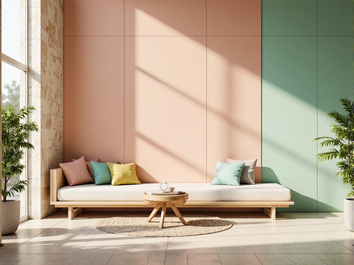 Prompt: Vibrant pastel hues, soft peach tones, calming mint greens, creamy whites, warm beige accents, rich wood textures, natural stone patterns, elegant metallic finishes, subtle gradient effects, atmospheric lighting, shallow depth of field, 2/3 composition, realistic renderings, ambient occlusion.