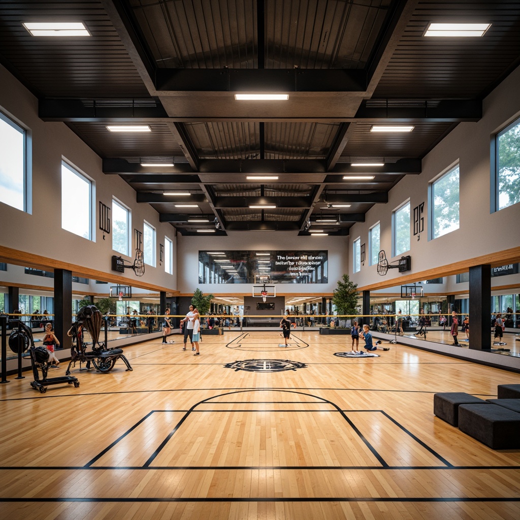 Prompt: Modern gymnasium interior, high ceilings, polished wooden floors, mirrored walls, professional sports equipment, basketball hoops, volleyball nets, exercise machines, free weights, yoga mats, motivational quotes, natural light, soft warm lighting, shallow depth of field, 3/4 composition, panoramic view, realistic textures, ambient occlusion, athletic color scheme, bold typography, dynamic shapes, functional layout, efficient circulation paths, comfortable seating areas, inspirational artwork.