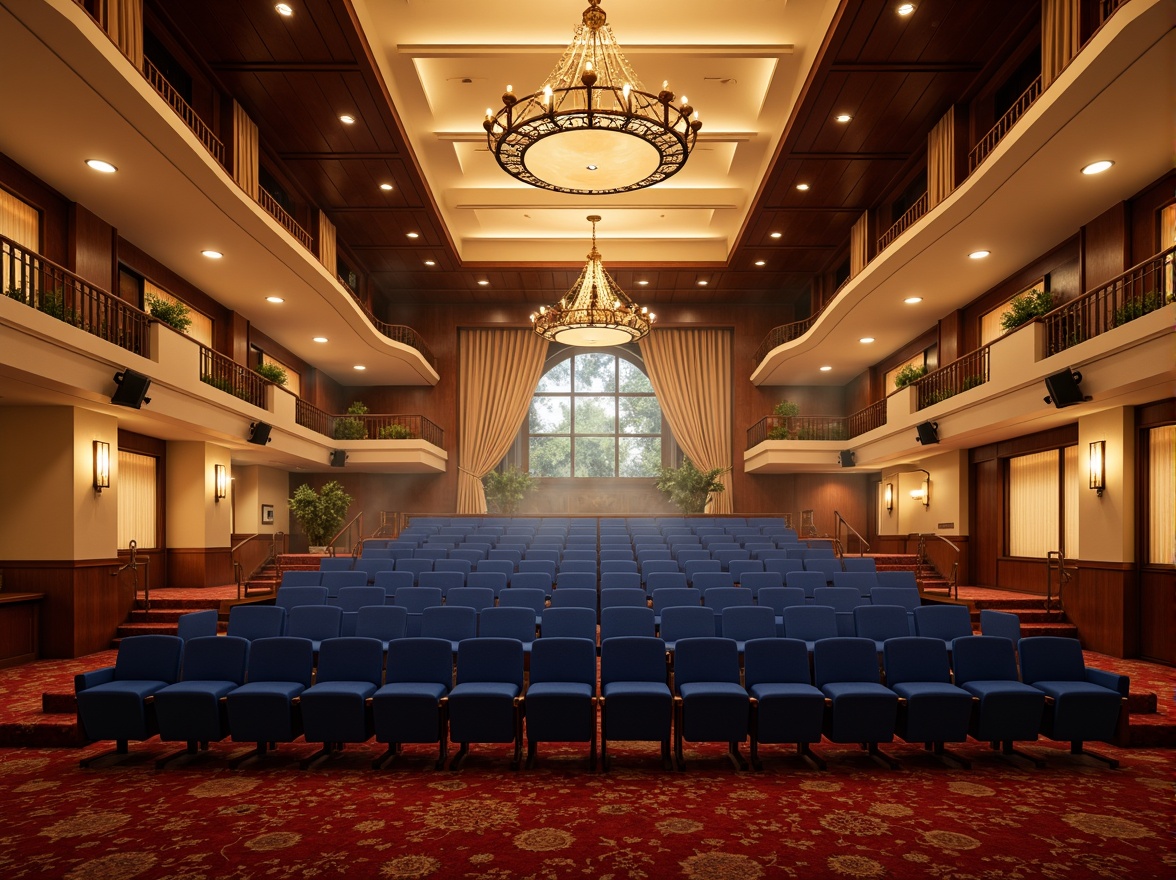 Prompt: Elegant auditorium interior, rich wood tones, warm beige walls, deep blue seats, golden lighting fixtures, sophisticated sound systems, acoustic panels, plush red carpets, dramatic stage lighting, grand chandeliers, ornate architectural details, luxurious velvet curtains, soft cream-colored ceilings, subtle texture contrasts, 1/2 composition, atmospheric misty lighting, realistic material reflections.