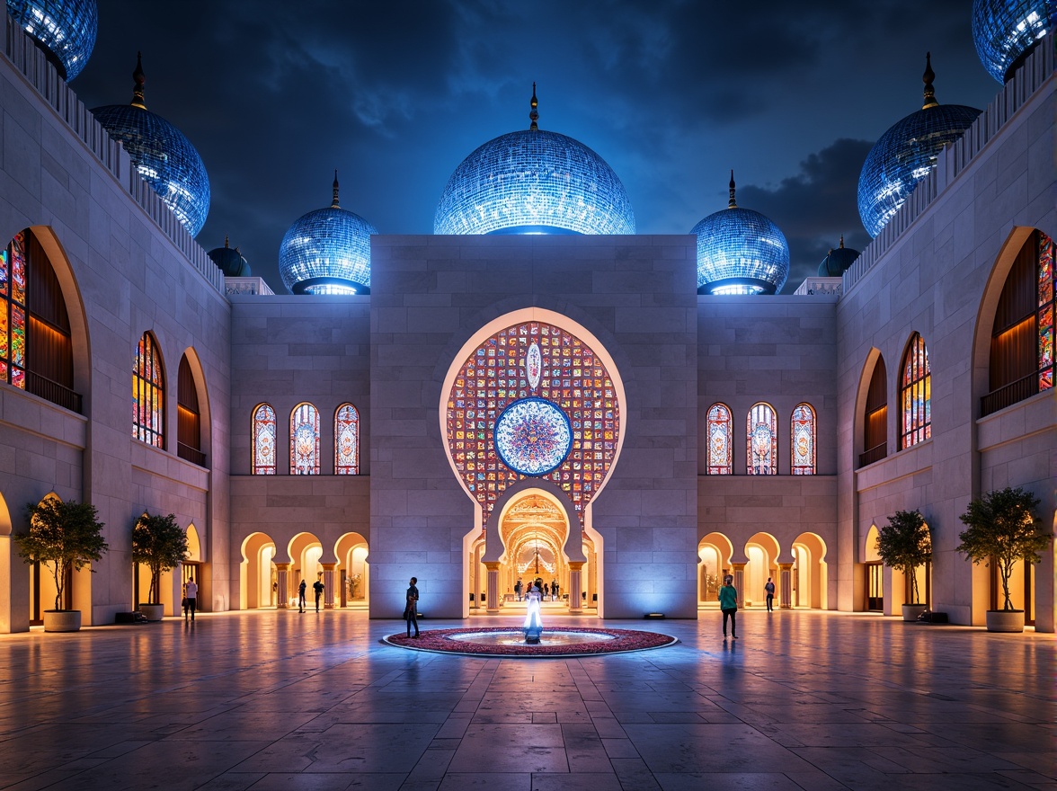 Prompt: Ethereal mosque, iridescent domes, gleaming minarets, holographic stained glass windows, luminescent archways, futuristic Islamic architecture, sleek metallic surfaces, neon-lit calligraphy, intricate geometric patterns, sacred geometry motifs, ambient misting systems, soft warm lighting, shallow depth of field, 3/4 composition, panoramic view, realistic textures, ambient occlusion.