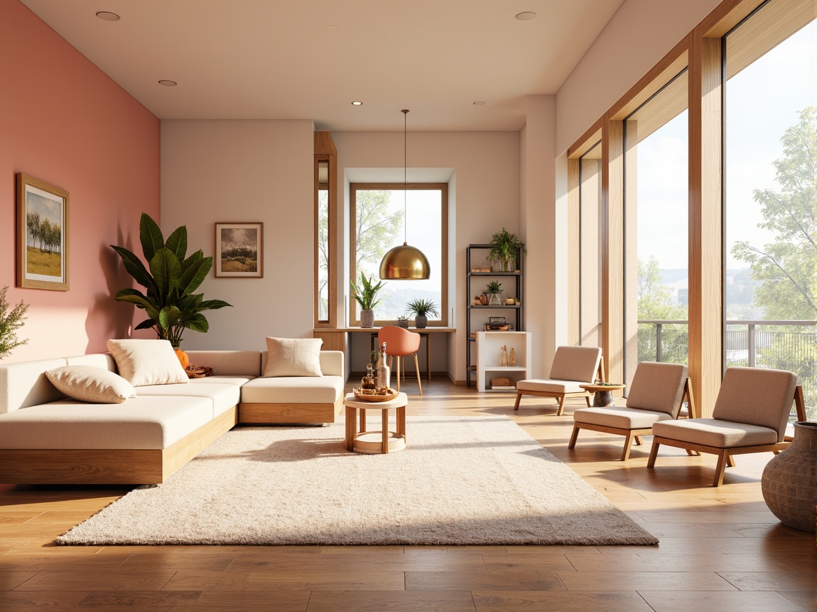 Prompt: Vibrant modern interior, pastel color scheme, soft peach tones, creamy whites, rich wood accents, metallic gold fixtures, natural textiles, plush area rugs, floor-to-ceiling windows, abundant sunlight, warm cozy ambiance, 1/1 composition, shallow depth of field, realistic renderings, ambient occlusion.