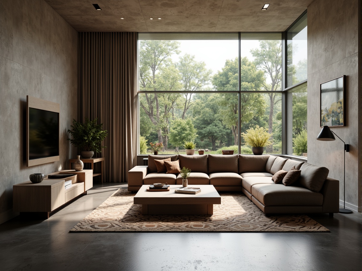 Prompt: Modern minimalist living room, sleek low-profile furniture, neutral color palette, polished concrete floors, floor-to-ceiling windows, natural light pouring in, functional storage units, multi-functional coffee table, comfortable sectional sofa, geometric patterned rug, ambient warm lighting, 1/1 composition, shallow depth of field, realistic textures.