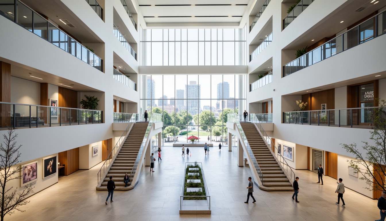 Prompt: Grand museum atrium, high ceilings, natural light pouring in, elegant staircases, spacious exhibition halls, minimalist interior design, polished marble floors, sleek glass railings, interactive display systems, immersive multimedia experiences, flexible modular layouts, adaptive lighting schemes, comfortable seating areas, ample storage facilities, secure climate-controlled environments, sophisticated security systems, accessible ramps and elevators, panoramic city views, urban landscape integration, modern architectural language, geometric shapes, bold color accents, dynamic spatial flow, 1/2 composition, softbox lighting, realistic material textures.