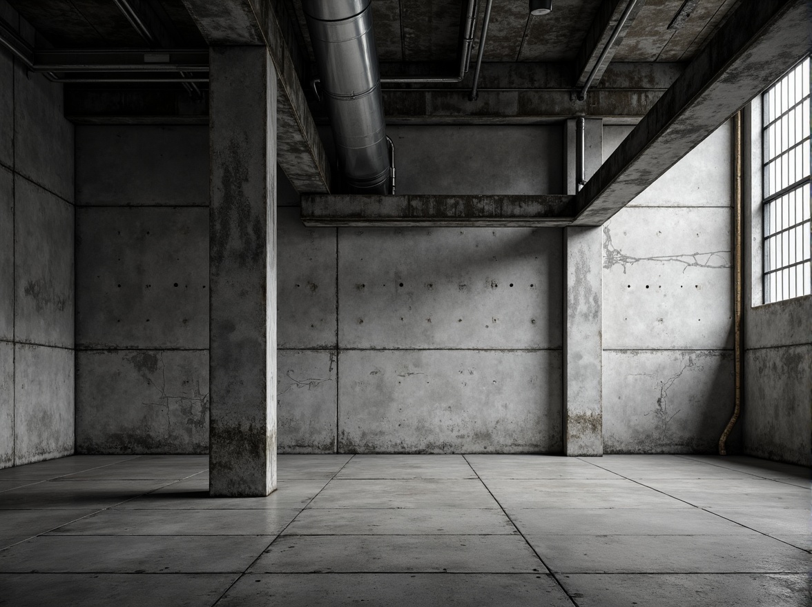 Prompt: Industrial concrete walls, exposed ductwork, metallic beams, urban cityscape, modern brutalist architecture, rough unfinished surfaces, monochromatic color palette, dramatic shadows, high contrast lighting, 1/2 composition, close-up shot, realistic textures, ambient occlusion.