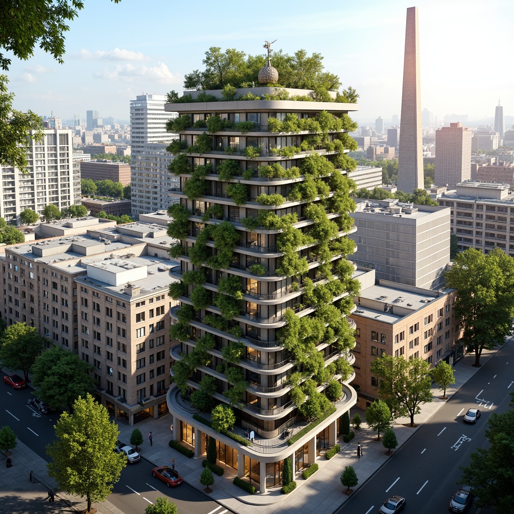 Prompt: Eco-friendly skyscraper, lush green roofs, solar panels, wind turbines, rainwater harvesting systems, recycled materials, minimalist design, natural ventilation, large windows, maximized daylight, energy-efficient systems, sustainable urban planning, vibrant cityscape, bustling streets, modern transportation hubs, electric vehicle charging stations, pedestrian-friendly sidewalks, cycling infrastructure, public art installations, green urban oasis, warm sunny day, soft natural lighting, shallow depth of field, 3/4 composition, panoramic view, realistic textures, ambient occlusion.