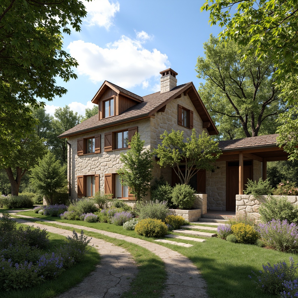 Prompt: Rustic rural cottage, natural stone walls, wooden shutters, earthy color palette, pitched roof, overhanging eaves, lush greenery, blooming wildflowers, winding country roads, serene countryside, warm sunny day, soft diffused lighting, shallow depth of field, 1/2 composition, intimate framing, realistic textures, ambient occlusion.