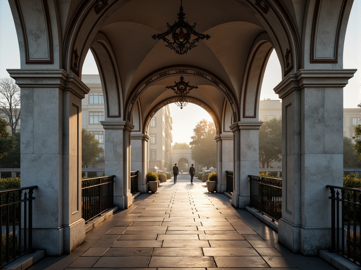 Prompt: Elegant pedestrian bridge, classical arches, ornate stone carvings, symmetrical composition, grand entrance, sweeping curves, refined metal railings, subtle lighting, misty morning atmosphere, soft warm glow, shallow depth of field, 1/1 composition, realistic textures, ambient occlusion.