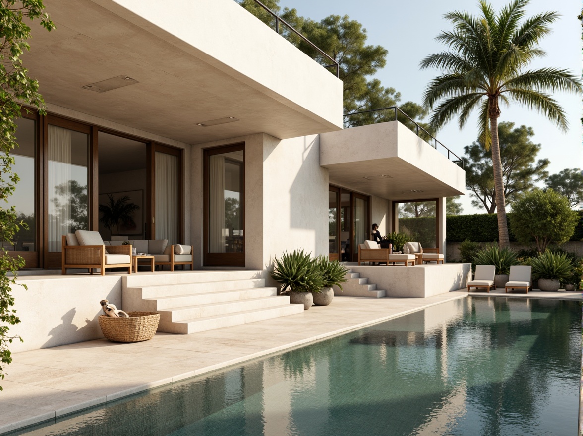 Prompt: Luxurious villa, modernist architecture, clean lines, minimal ornamentation, large windows, sliding glass doors, open-plan living spaces, high ceilings, polished concrete floors, warm beige walls, rich wood accents, sleek metal fixtures, subtle color palette, soft creamy whites, gentle grays, taupe undertones, earthy browns, muted blues, natural stone textures, lush greenery, serene outdoor spaces, sunny day, soft warm lighting, shallow depth of field, 3/4 composition, panoramic view, realistic textures, ambient occlusion.