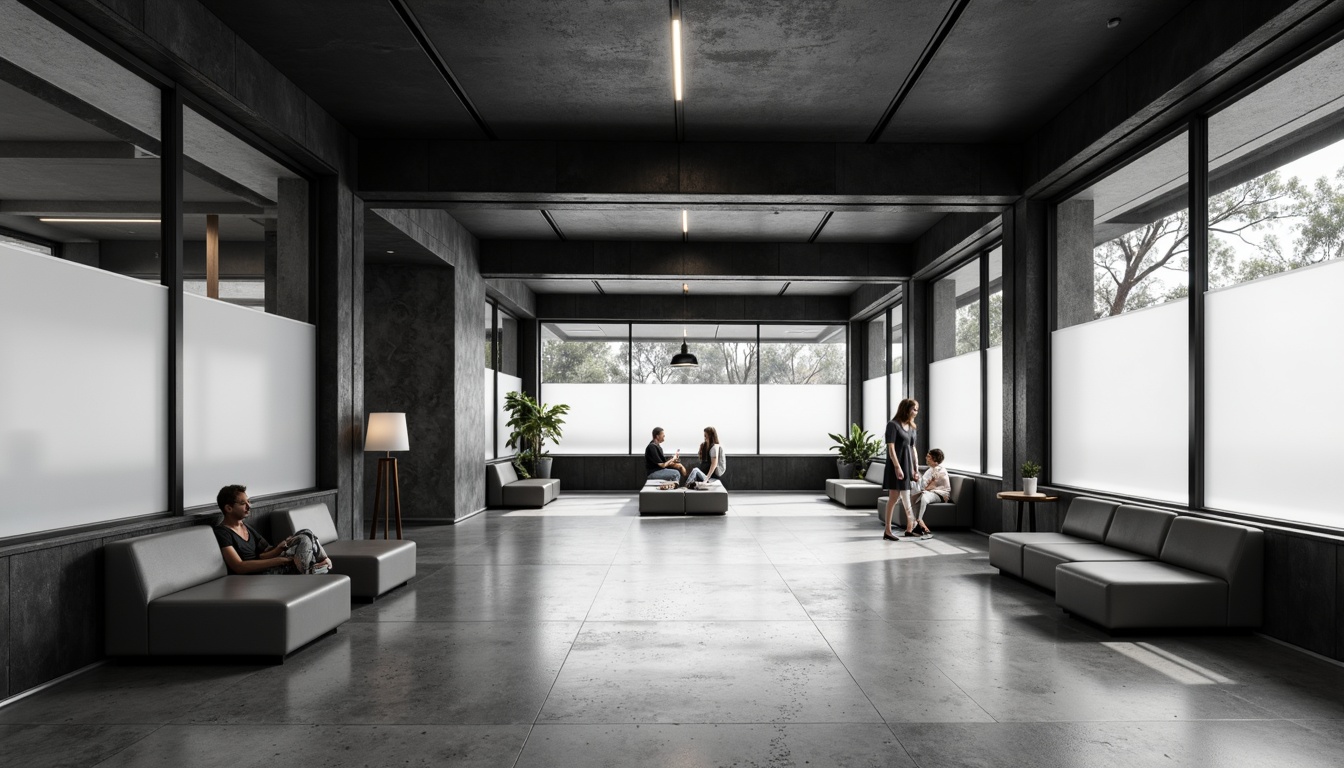 Prompt: Monochromatic interior space, sleek lines, minimal ornamentation, industrial chic aesthetic, polished concrete floors, matte black metal accents, frosted glass partitions, smooth wood surfaces, subtle texture variations, neutral color palette, soft diffused lighting, shallow depth of field, 1/1 composition, realistic reflections, ambient occlusion.