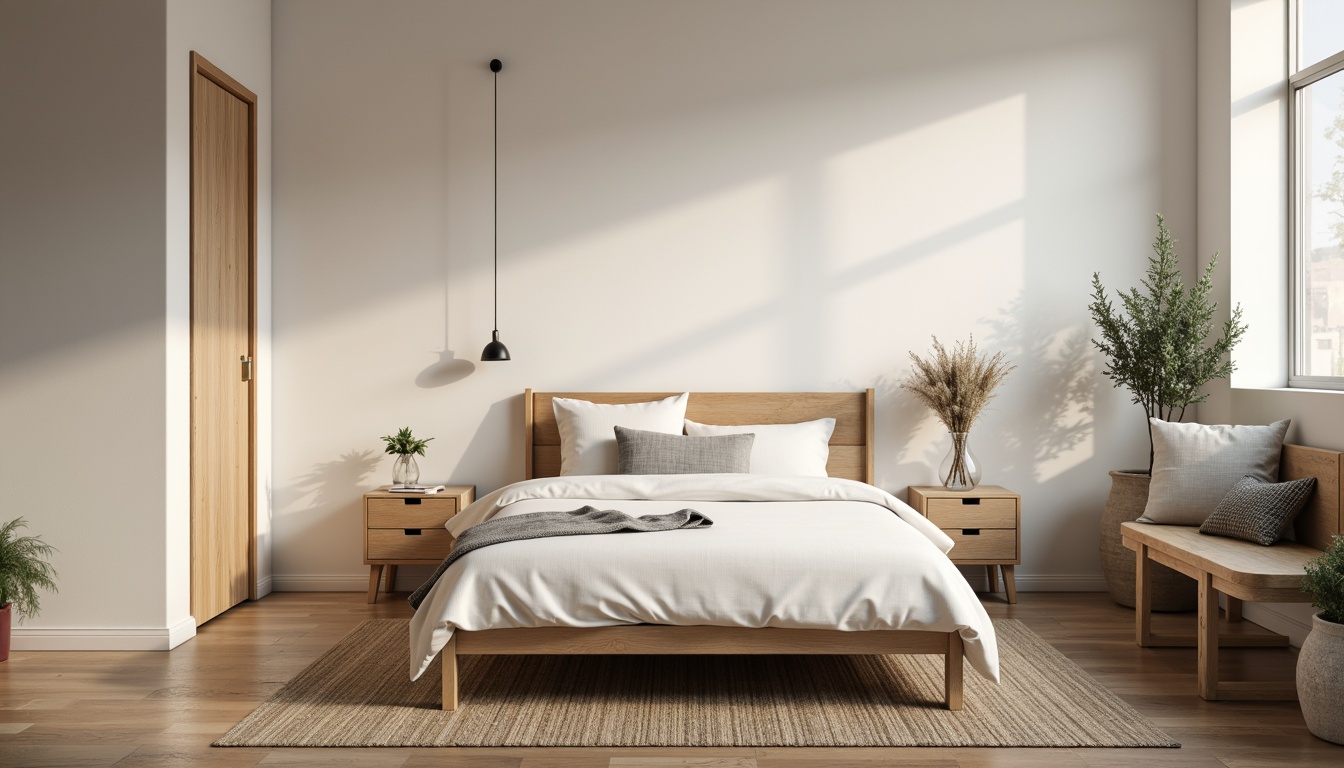 Prompt: Monochromatic dorm room, minimalist decor, soft beige walls, light wood furniture, simple bed frame, crisp white bedding, subtle gray accents, industrial metal lamps, natural fiber rugs, calm atmosphere, warm softbox lighting, shallow depth of field, 1/1 composition, realistic textures, ambient occlusion.