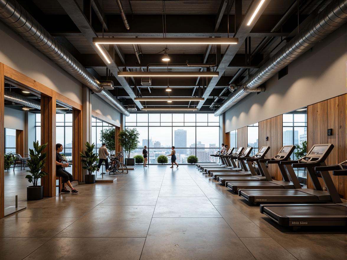 Prompt: Minimalist gymnasium interior, industrial chic aesthetic, polished concrete floors, exposed ductwork, sleek metal beams, modern LED lighting fixtures, suspended linear lamps, recessed ceiling lights, ambient indirect illumination, soft warm glow, high ceilings, large windows, natural daylight, urban cityscape views, athletic equipment, free weights, treadmills, exercise machines, mirrored walls, wooden accents, minimalist color palette, neutral tones, subtle textures, 1/1 composition, shallow depth of field, realistic reflections.