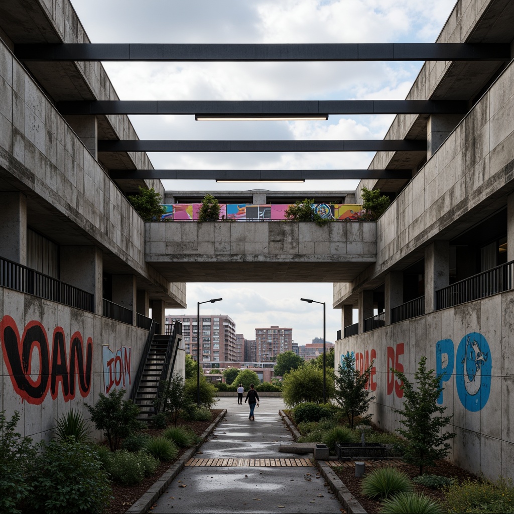 Prompt: Industrial urban landscape, brutalist architecture, exposed concrete walls, steel beams, minimalist decor, monochromatic color scheme, bold accent colors, vibrant street art, graffiti murals, urban textures, distressed finishes, reclaimed wood accents, industrial lighting fixtures, metal railings, cityscape views, cloudy skies, dramatic shadows, high contrast ratio, 1/2 composition, cinematic mood, gritty realism.