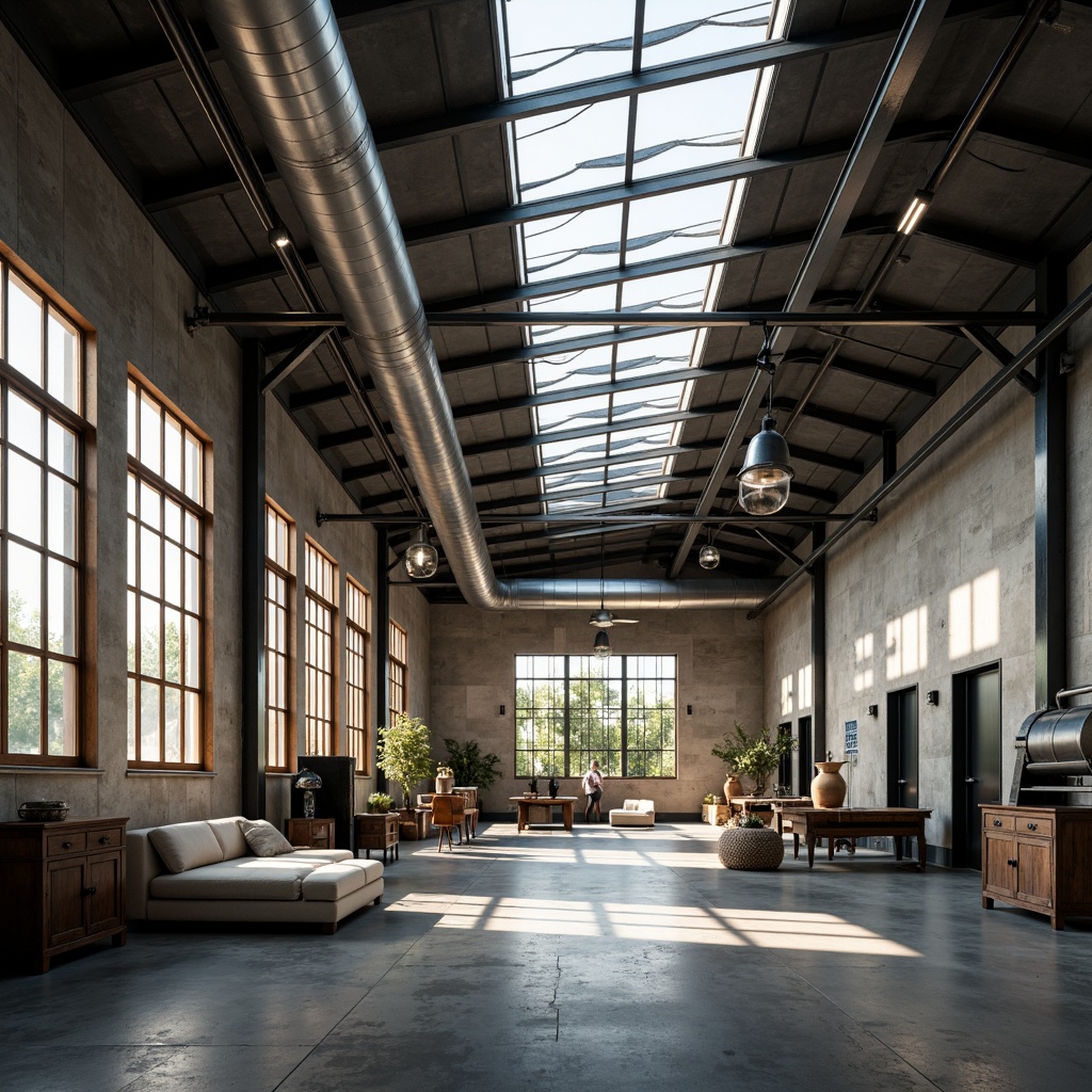 Prompt: Industrial factory setting, minimalist aesthetic, exposed ductwork, polished concrete floors, steel beams, large windows, clerestory windows, skylights, transparent roofs, natural light pouring in, soft warm glow, subtle shadows, industrial chic decor, reclaimed wood accents, metal machinery, functional simplicity, open floor plan, airy atmosphere, diffused lighting, 1/1 composition, realistic textures, ambient occlusion.