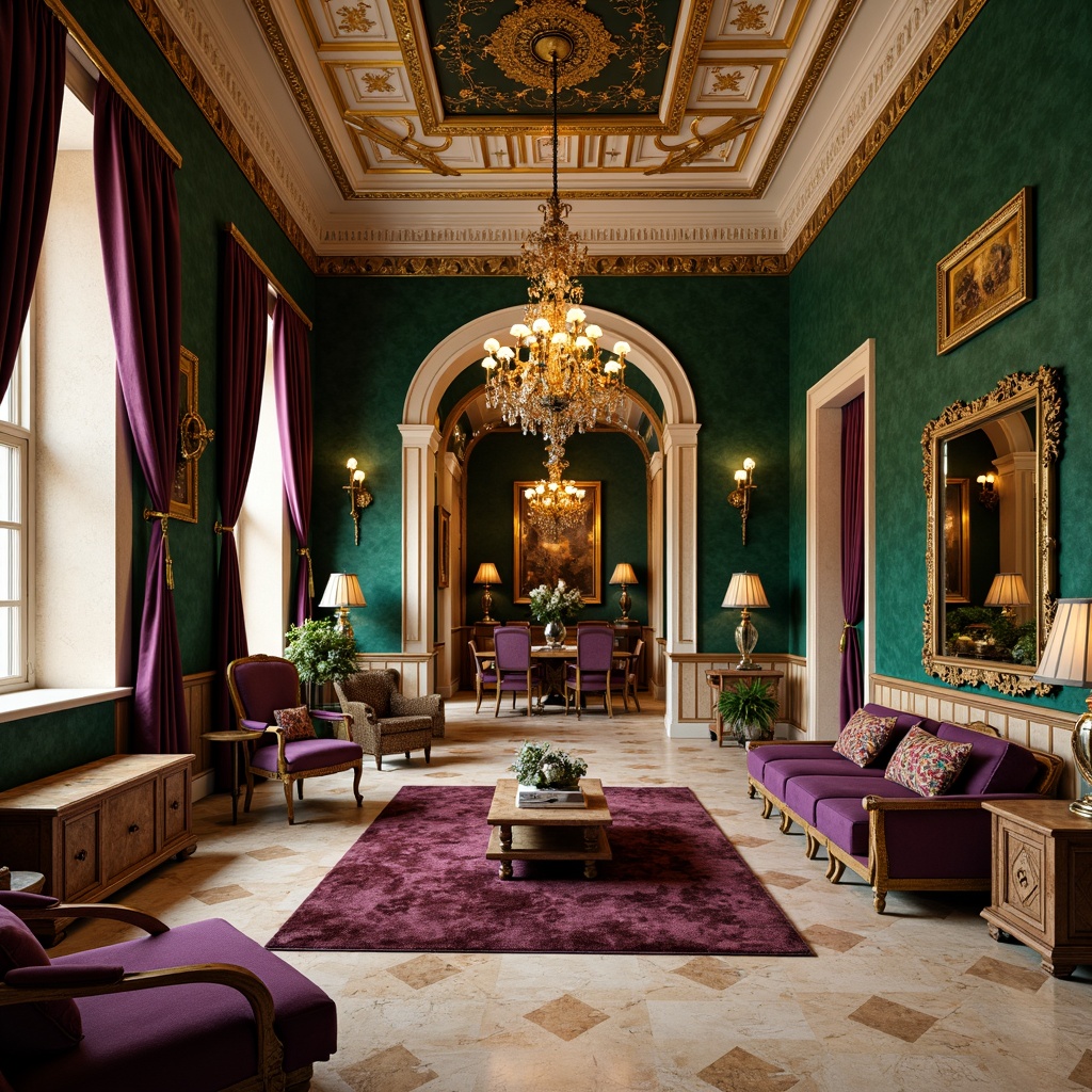 Prompt: Luxurious apartment interior, Byzantine-inspired architecture, rich jewel tones, emerald green walls, golden accents, ornate patterns, intricate mosaics, warm beige marble floors, lavish velvet fabrics, regal purple hues, soft cream ceilings, dramatic chandeliers, opulent furnishings, grandiose archways, mystical ambiance, warm golden lighting, shallow depth of field, 1/1 composition, realistic textures, ambient occlusion.