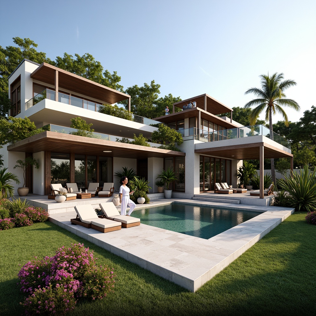 Prompt: Luxurious villa, modernist architecture, sleek lines, minimalist design, large windows, sliding glass doors, polished concrete floors, exposed steel beams, wooden accents, natural stone walls, green roofs, solar panels, eco-friendly materials, innovative cooling systems, shaded outdoor spaces, misting systems, infinity pools, lush greenery, vibrant flowers, tropical plants, warm sunny day, soft warm lighting, shallow depth of field, 3/4 composition, panoramic view, realistic textures, ambient occlusion.