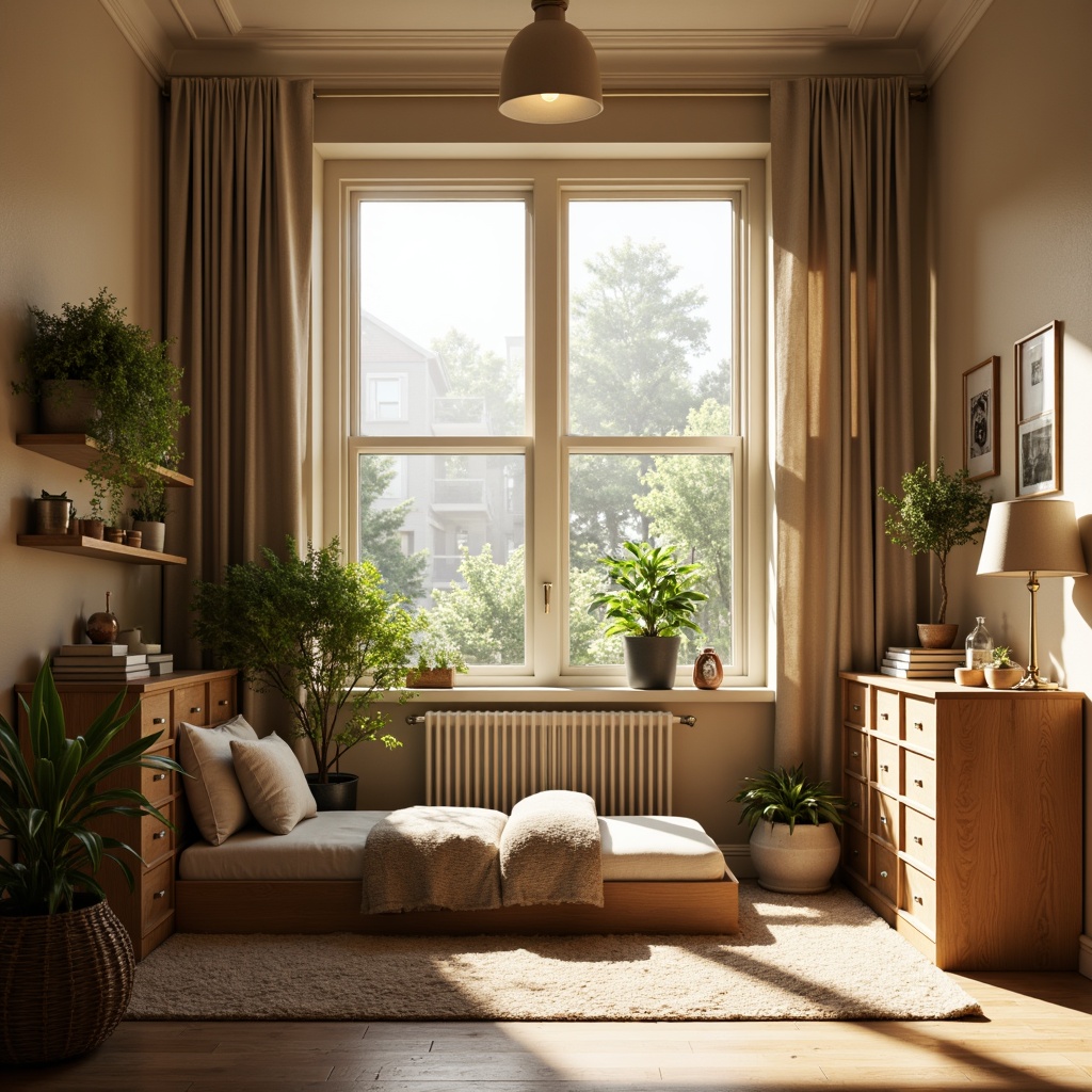 Prompt: Cozy dorm room, large windows, soft natural light, warm beige walls, comfortable bedding, wooden furniture, plants on shelves, calm atmosphere, morning sunlight, gentle shadows, 1/1 composition, shallow depth of field, realistic textures, ambient occlusion.