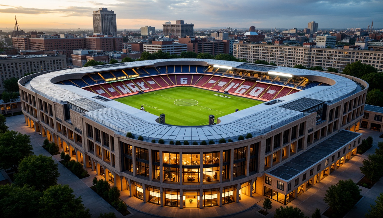 Prompt: Grandiose football stadium, ornate facades, intricate stone carvings, majestic arches, vibrant team colors, dynamic LED lighting, sleek glass panels, modern angular lines, imposing steel structures, lush green roofs, urban cityscape backdrop, dramatic evening atmosphere, warm golden lighting, shallow depth of field, 1/2 composition, realistic textures, ambient occlusion.